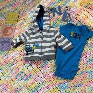 5/$35. 10/$50. EUC baby boys onesie and sweatshirt